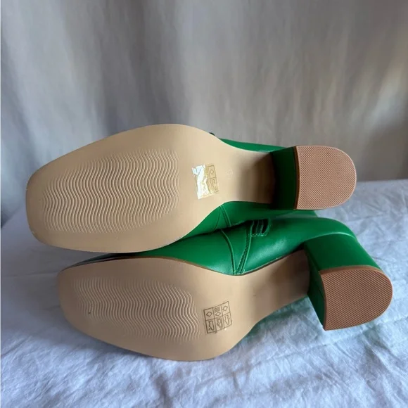 Faux Leather Square Toe Side Zip Block Heel Ankle Boots Green - Picture 5 of 5